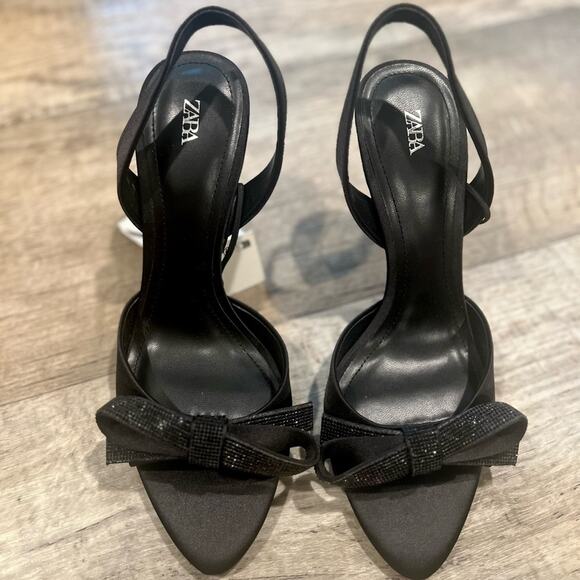 ZARA Embellished Slingback Bow Heels NWT — Size 8 Black Satin - Picture 13 of 16